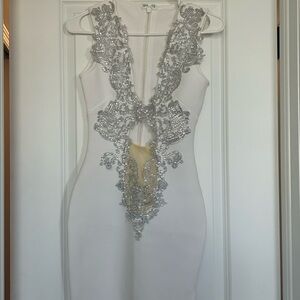 Elegant Backless White Dress with Silver Detailing